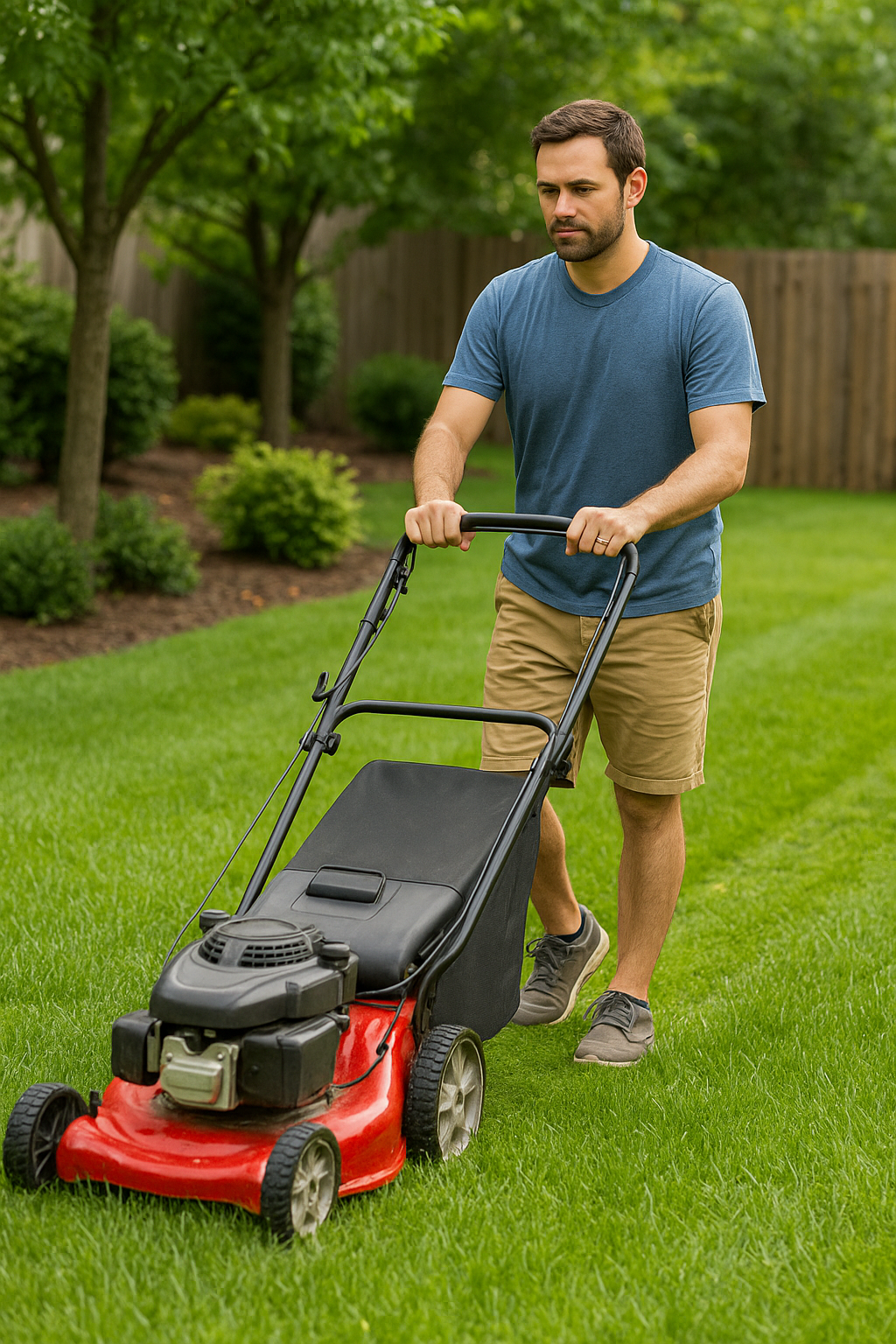 A homeowner mowing their lawn with proper technique
