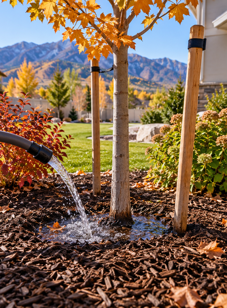 Close-up of a newly planted young tree and shrubs being deeply watered at soil level in a Central Utah landscape, with a proper mulch ring around the tree and no mulch touching the trunk.