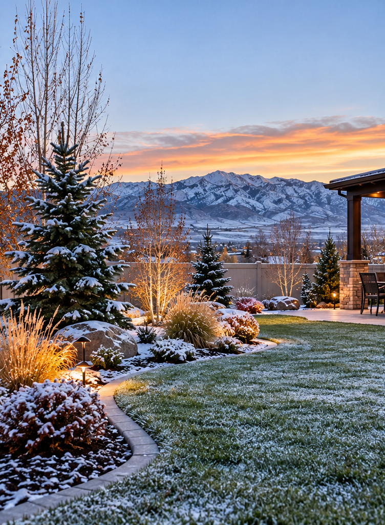 A well-prepared Central Utah residential landscape in late fall or early winter, showing young trees and shrubs with clean mulch rings, dormant planting beds, healthy turf, light frost, and mountains in the distance.