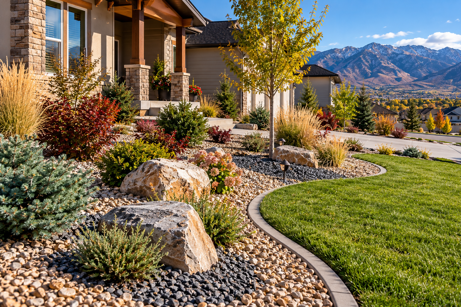 A professionally landscaped Central Utah front yard featuring decorative rock beds, clean edging, drought-tolerant shrubs, ornamental grasses, and natural stone accents.