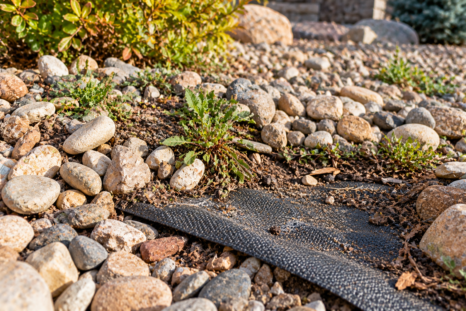 A realistic close-up of a decorative rock landscaping bed showing a small section of woven landscape fabric beneath the gravel, with a few weeds growing in accumulated soil and debris above the fabric.