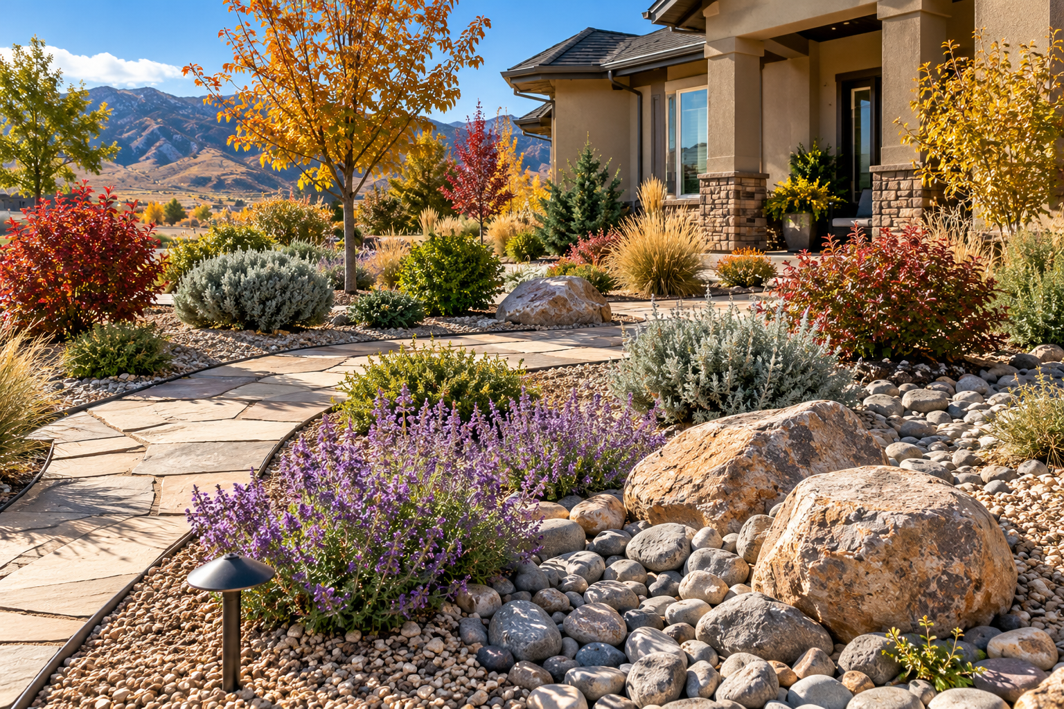 A finished low-maintenance Central Utah residential landscape featuring decorative gravel, drought-tolerant shrubs, ornamental grasses, natural boulders, and defined planting beds with a clean, professional appearance.