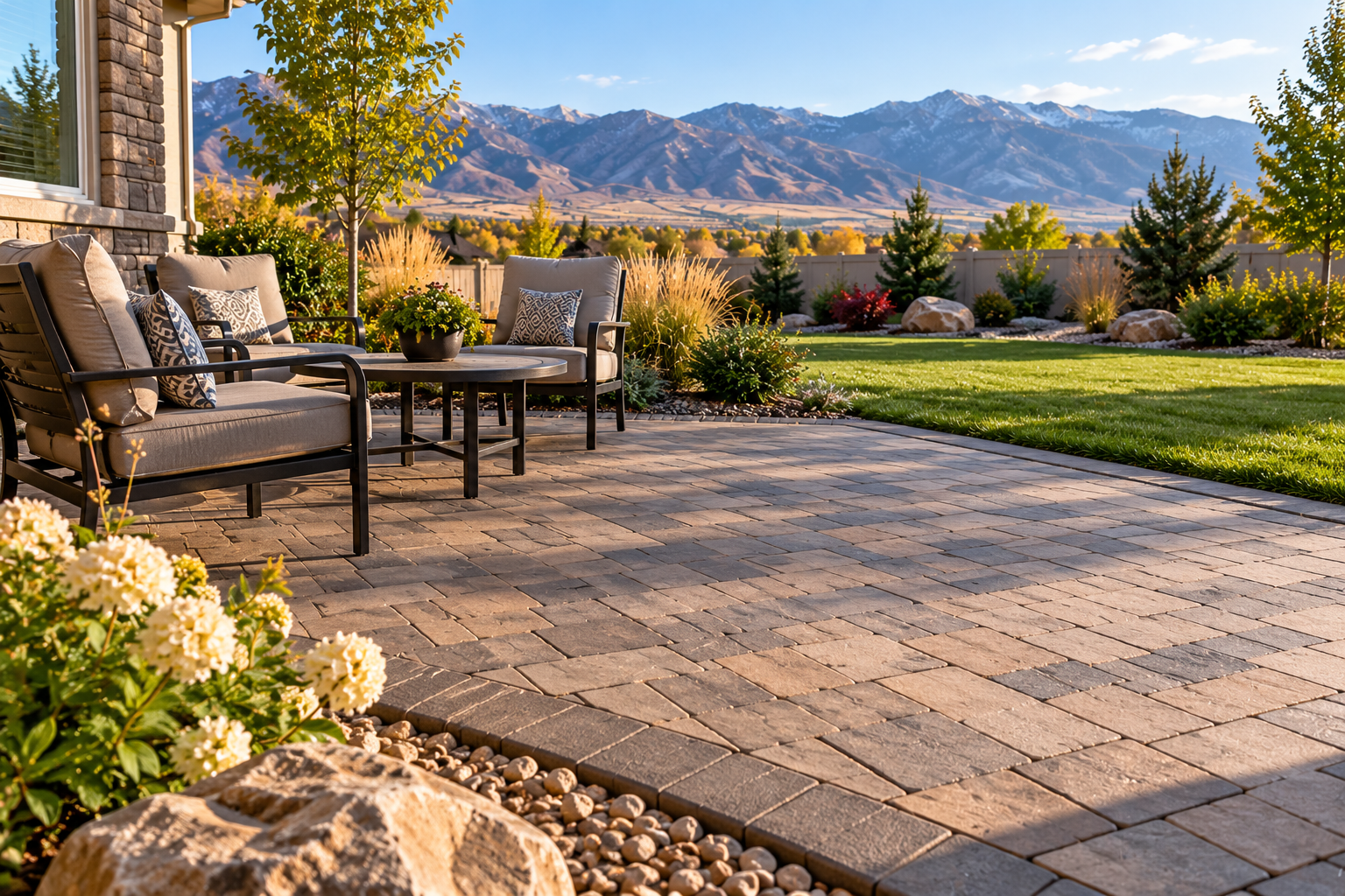 Professionally installed, level paver patio in a Central Utah backyard, featuring clean edges, outdoor seating, natural landscaping, and mountain scenery