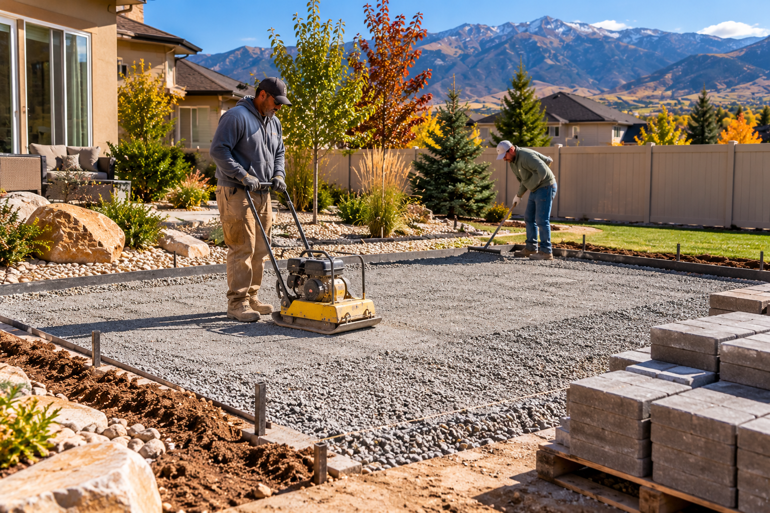 A professional landscaping crew preparing a paver patio foundation, showing compacted crushed aggregate, a plate compactor, and neatly staged concrete pavers beside the work area.