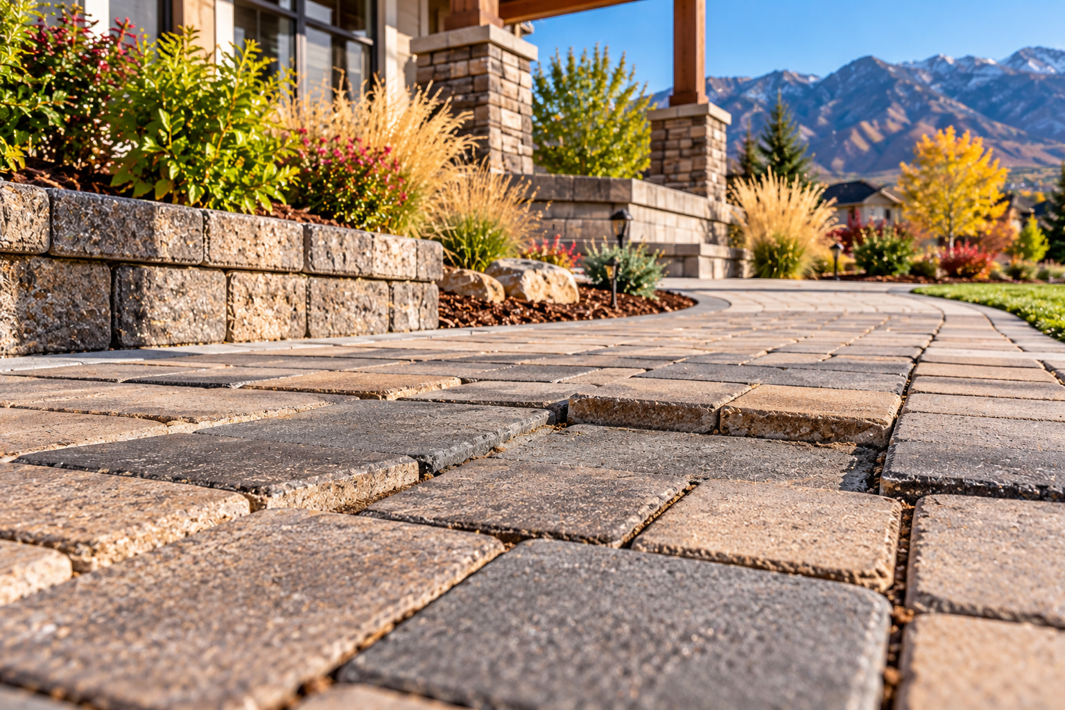 A close-up of a Central Utah paver walkway with a visible sunken section, uneven joints, and a small puddle showing how poor support or drainage can affect a hardscape.